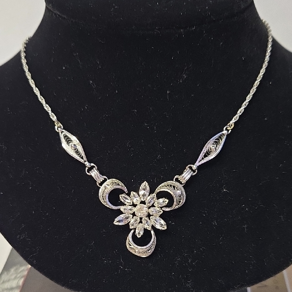 Vtg Am Lee Sterling Silver Filigree And Rhinestone Necklace